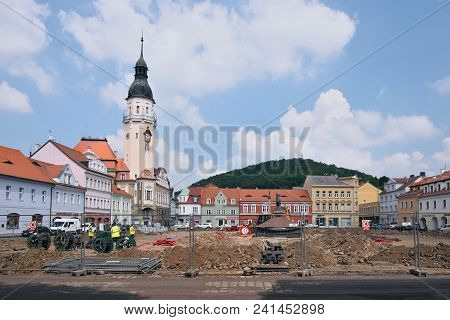 Bilina, Czech Republic - May 12, 2018: Historical Houses On Mirove Namesti Square During Generall Re