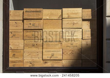 Warsaw, Poland - April 28, 2018: Wooden Boxes From Under The Capparello Wine On The Window As A Deco