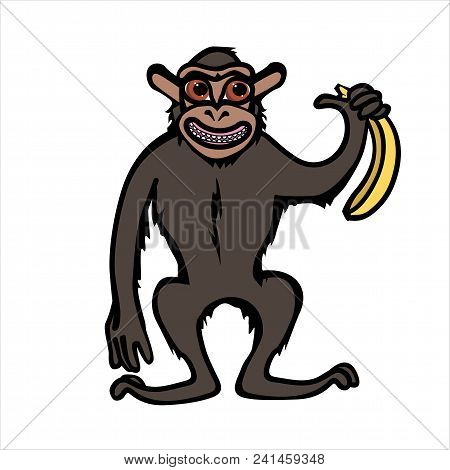 Cartoon Chimpanzee With Banana In Hand Isolated On White Background