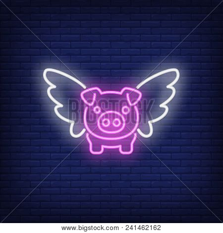 Flying Pig Cartoon Character. Neon Sign Element. Night Bright Advertisement. Vector Illustration For