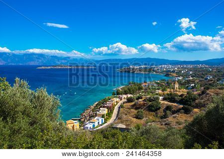 Panoramic High Point View Of The Picturesque Gulf Of Mirambello, With The Island Of Agioi Pantes And