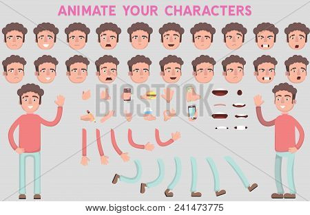 Flat Vector Guy Character For Your Scenes. Character Creation Set With Various Views, Face Emotions,
