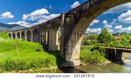 Old Railway Bridge, Old Viaduct Vorohta, Ukraine. Carpathian Mountains, Wild Mountain Landscape