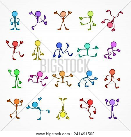 Collection Of Color Stick Moving Figures With Different Poses, Human Icon Symbol Sign. Vector Illust