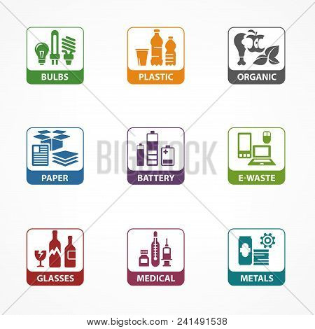 Garbage Waste Recycling Square Icons, Line Symbols Of Different Waste Sorting, Garbage Recycling. Ve