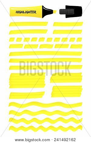 Hand Drawn Highlighter Brush Graphic Set. Yellow Layered Scribbled Rectangle With Wavy Lines, Solid 