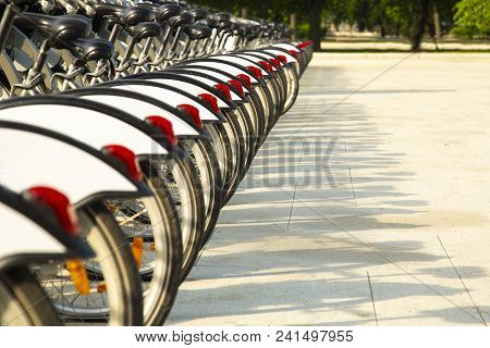 Close Up Of Rental Bicycles On Rental Station On The Street