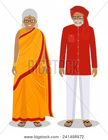 Detailed Illustration Of Standing Old Indian People In The Traditional National Indian Clothing Isol