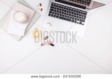 Decorative Cosmetics, Perfume, Laptop, Notebook And Accessories On White Background. Office And Fash