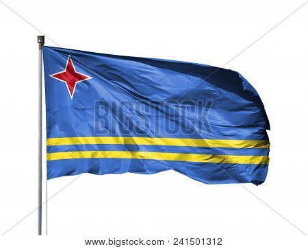 National Flag Of Aruba On A Flagpole, Isolated On White Background.