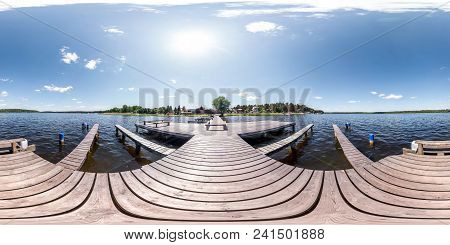 Full Seamless Panorama 360 By 180 Angle View Wooden Pier For Ships On Huge Forest Lake In Sunny Summ