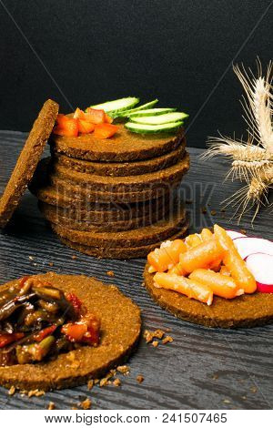 Towel Of Black Bread Gallets With Vegetables - Cucumber, Radish, Red Paprika, Mini Carrot, Eggplant 
