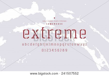 Stencil-plate Serif Font. Thin Line Face. Lowercase Letters And Numbers For Logo And Emblem Design. 