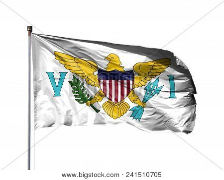 National Flag Of Virgin Islands Of The United States On A Flagpole, Isolated On White Background.