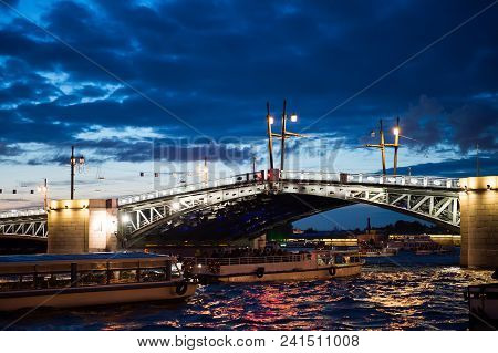 Night Shooting In The City Of St. Petersburg, Process Of Cultivation Of Bridges, A View From The Mot