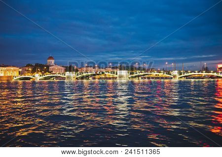 Night Shooting From The Motor Ship During The White Nights, A View Of Troitsky Bridge In The City Of