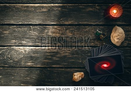Tarot Cards On Fortune Teller Table. Future Reading. Divination Concept.