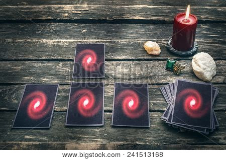 Tarot Cards On Fortune Teller Table. Future Reading. Divination Concept.