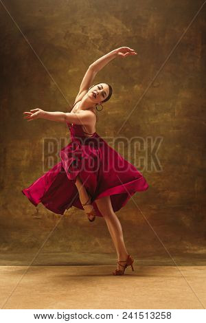 Young Female Ballet Dancer - Harmonious Pretty Woman In Red Dress Posing In Studio - Contemporary Da
