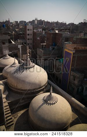 Aerial Panorama Of Wazir Khan Mosque Domes At Lahore, Pakistan
