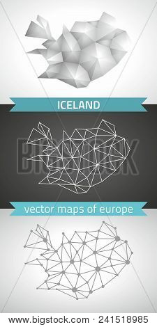 Iceland Set Of Grey And Silver Mosaic 3d Polygonal Maps. Graphic Vector Triangle Geometry Outline Sh