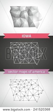 Iowa Set Of Grey And Silver Mosaic 3d Polygonal Maps. Graphic Vector Triangle Geometry Outline Shado