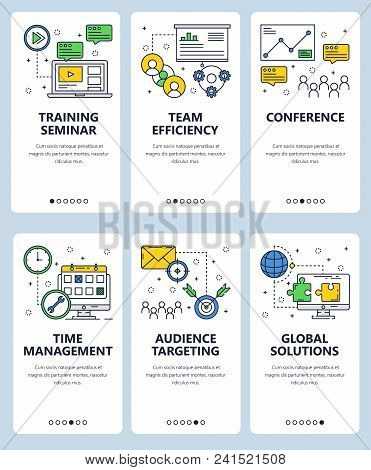 Vector Set Of Mobile App Onboarding Screens. Training Seminar, Team Efficiency, Conference, Time Man