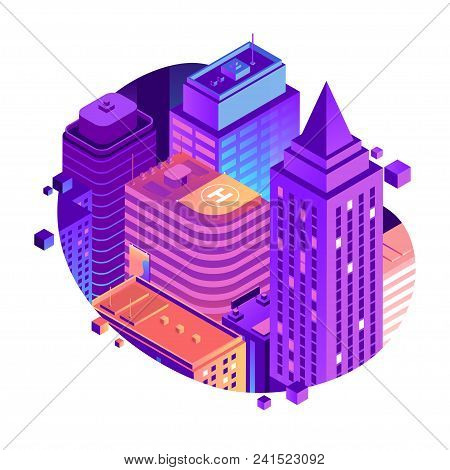 Vector City Isometric Concept Isolated On White Background. High-rise City Buildings In Gradient Col