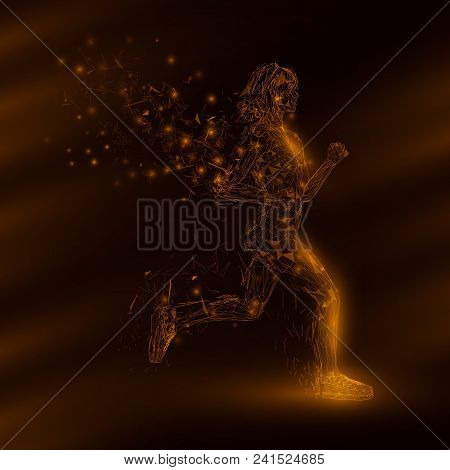 Abstract Futuristic Background. Cover Template. Low Poly Yellow Jogging Girls With Wings Of Triangul