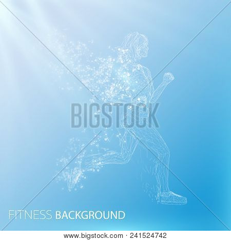Abstract Fitness Background. Cover Template. Low Poly White Jogging Girls Silhouette With Wings Of T