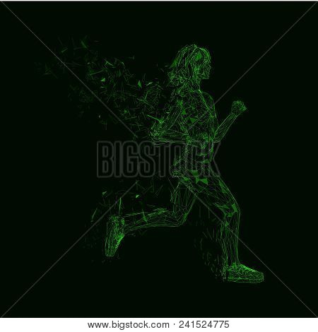 Abstract Futuristic Background. Cover Template. Low Poly Green Jogging Girls With Wings Of Triangula