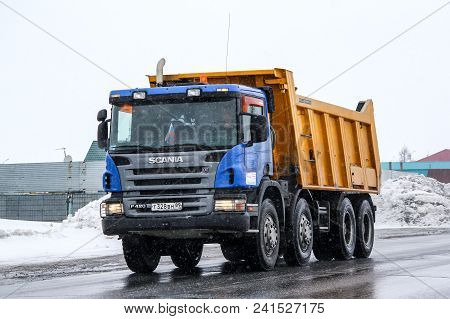 Novyy Urengoy, Russia - April 16, 2013: Dump Truck Scania P420 In The City Street.