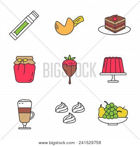 Confectionery Color Icons Set. Chewing Gum Stick, Fortune Cookie, Tiramisu, Berry Jam, Strawberry In