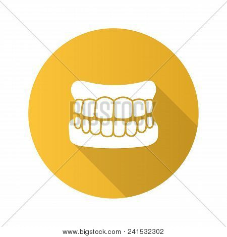 Dentures Flat Design Long Shadow Glyph Icon. False Teeth. Human Jaw With Teeth Model. Vector Silhoue