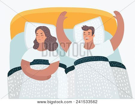 Vector Cartoon Illustration Of Couple In Bed Problems. Offended Angry Wife. Family Psychological Pro
