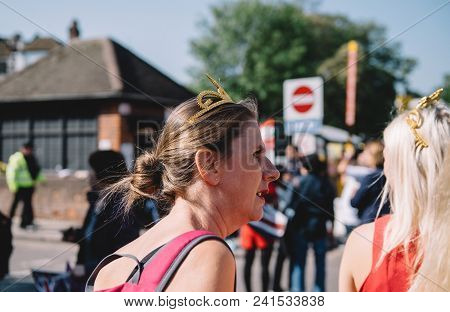 Windsor, United Kingdom - May 19 2018: Senior Woman With Crown Heading Royal Wedding Marriage Celebr