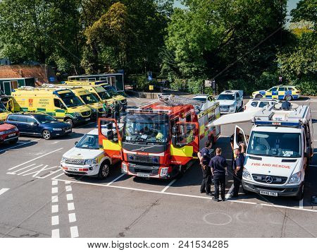 Windsor, United Kingdom - May 19, 2018: Security Measures - Ambulance, Firefighter, Ememergency Truc