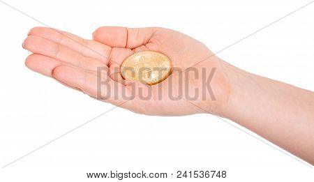Golden Bitcoin In A Man Hand. Digitall Symbol Of A New Virtual Currency Isolated On White Background