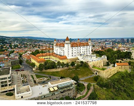 View On Bratislava Castle And Old Town. Bratislava Aerial Cityscape View