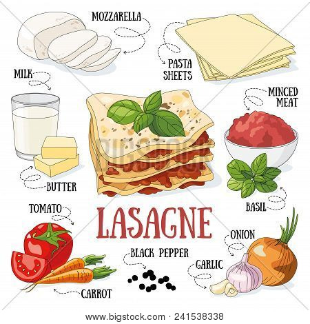 Lasagne And Its Ingredients. Italian Traditional Cuisine.