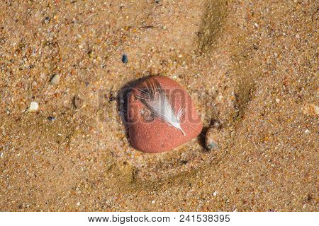 Beautiful Smooth Sea Stones In The Sands Of The Beach. Closeup Photo Of Stone Textures And Shapes.