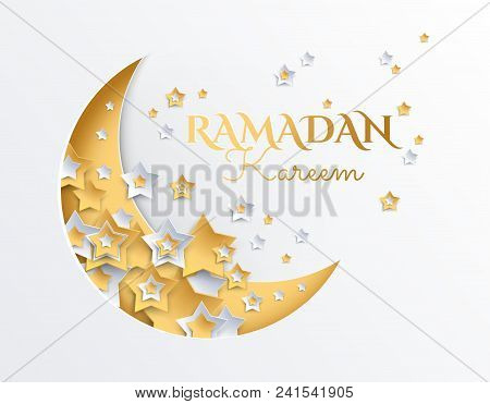 Ramadan Kareem Golden And Platinum Crescent Moon And Stars Background - Ramadan Eid Mubarak Vector I