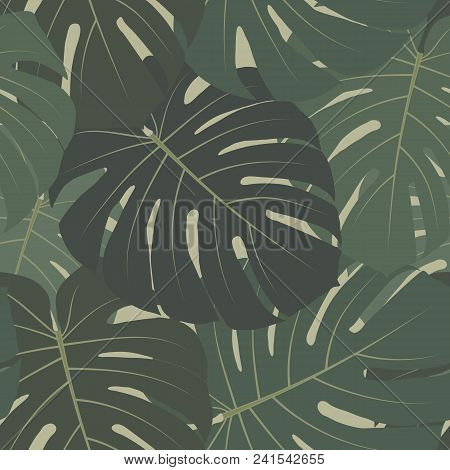 Vector Tropical Jungle Seamless Pattern With Green Leaves Of Palm Trees (monstera Plant). Elegant Su