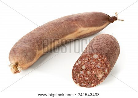 German Specialty Blood Sausage (blutwurst) Whole And Sliced Over White Background