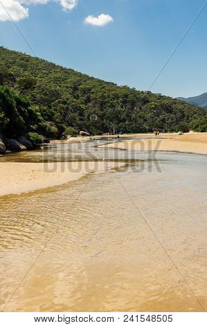 Tidal River, Australia - January 28, 2018: The Brackish Waters Of Tidal River Run Into The Sea At Ti