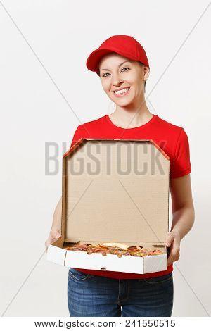 Delivery Woman In Red Uniform Isolated On White Background. Pretty Female In Cap, T-shirt, Jeans Wor