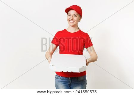 Delivery Woman In Red Uniform Isolated On White Background. Pretty Female In Cap, T-shirt, Jeans Wor
