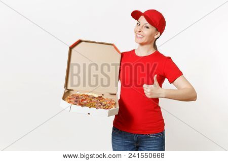 Delivery Woman In Red Uniform Isolated On White Background. Pretty Female In Cap, T-shirt, Jeans Wor