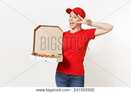 Delivery Woman In Red Uniform Isolated On White Background. Pretty Female In Cap, T-shirt, Jeans Wor