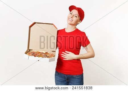 Delivery Woman In Red Uniform Isolated On White Background. Pretty Female In Cap, T-shirt, Jeans Wor